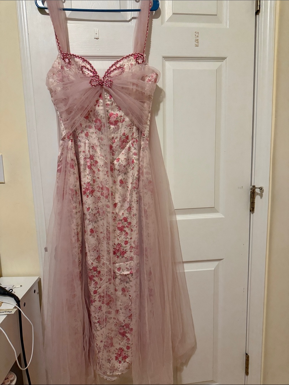 Blush Pink Floral Tulle Maxi Dress with Sheer Overlay